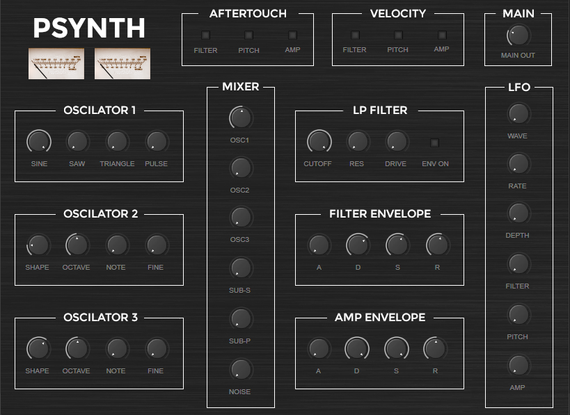 PSynth instrument interface with three oscillators, mixer, low-pass filter and envelopes